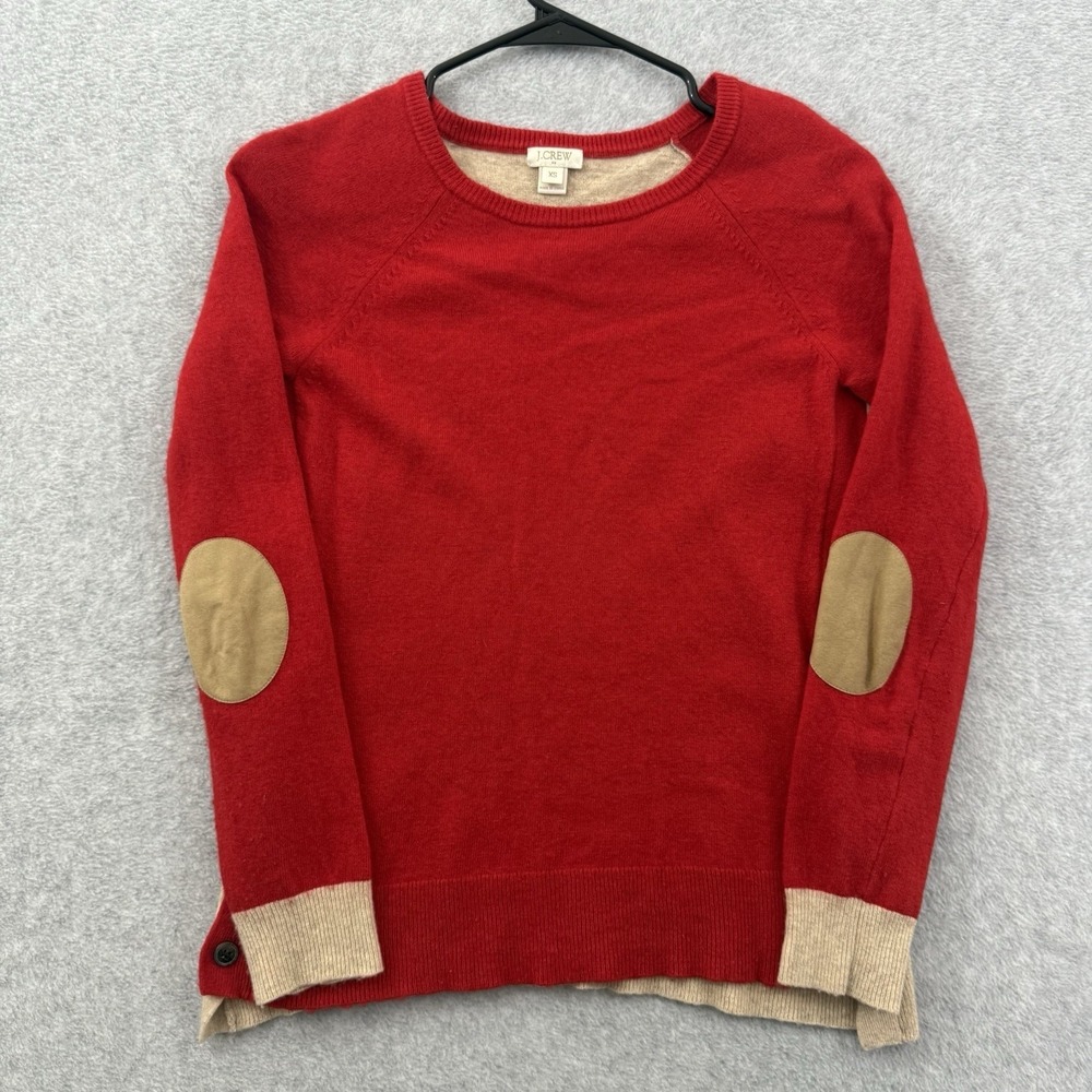 J.‎ Crew Sweater Women XS Red Wool Elbow Patch Raglan Scoop Neck Side Button